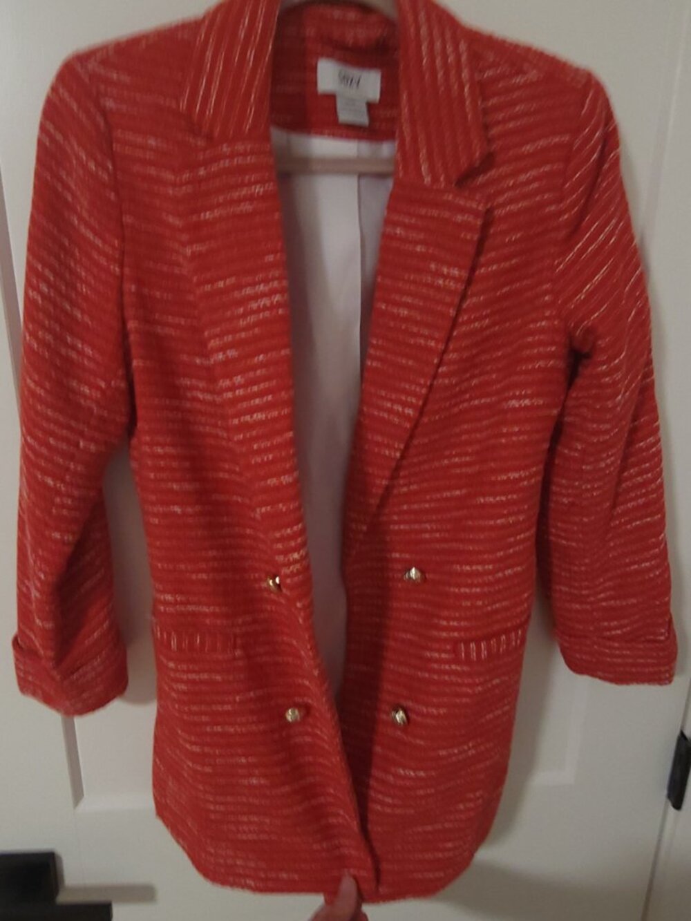 Suzy Shier Red Tweed Blazer - Gold Button Detail - Size M - Textured Knit - Picture 2 of 3